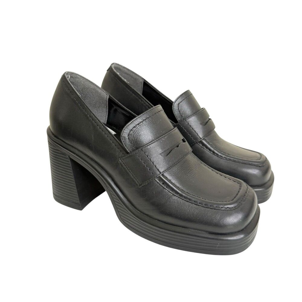Steve Madden Fulfill Y2K Black Leather Chunky Heel Platform Loafers Goth Size 8
